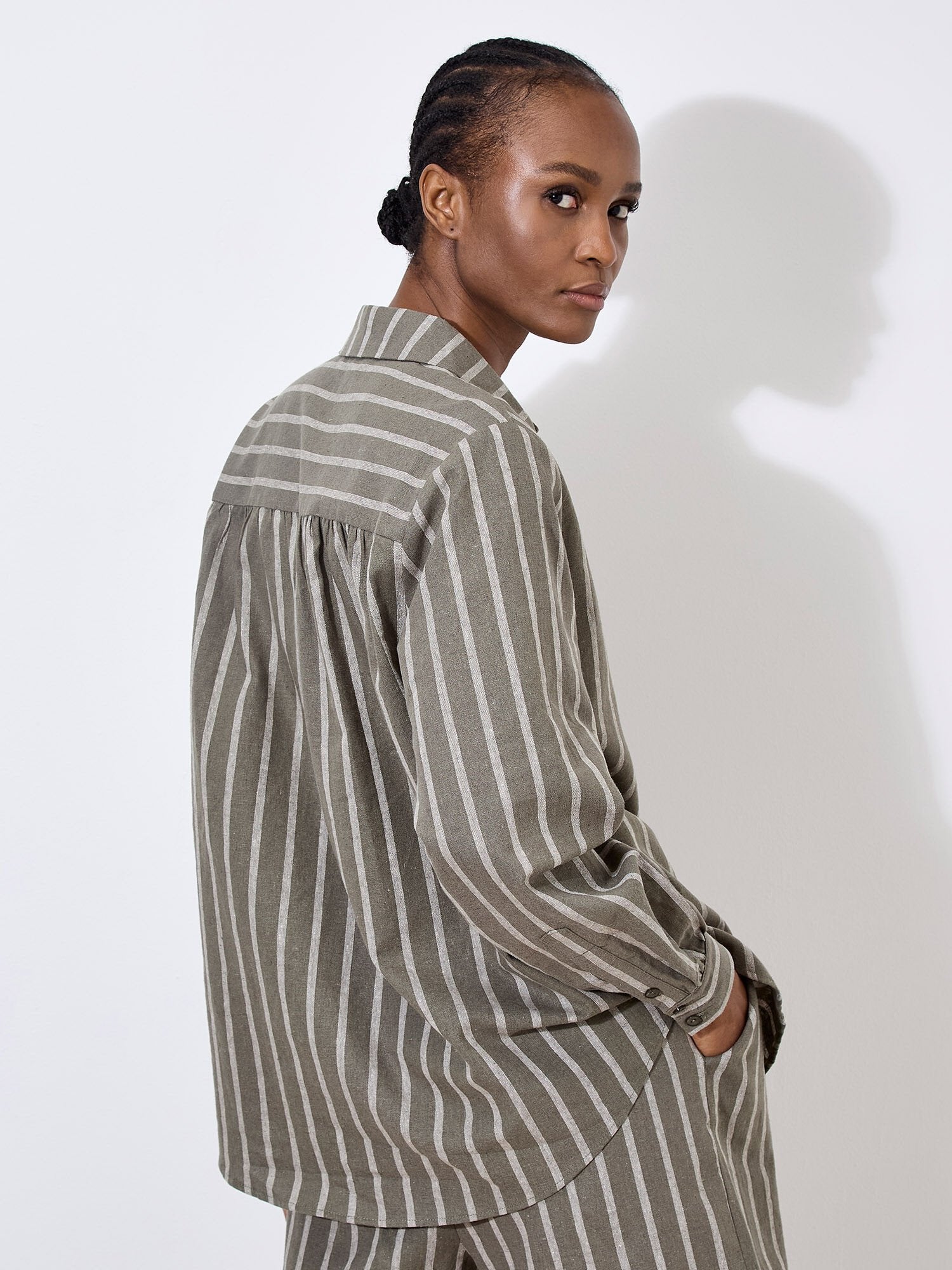 Apricot - Striped Linen Mix Shirt Khaki S