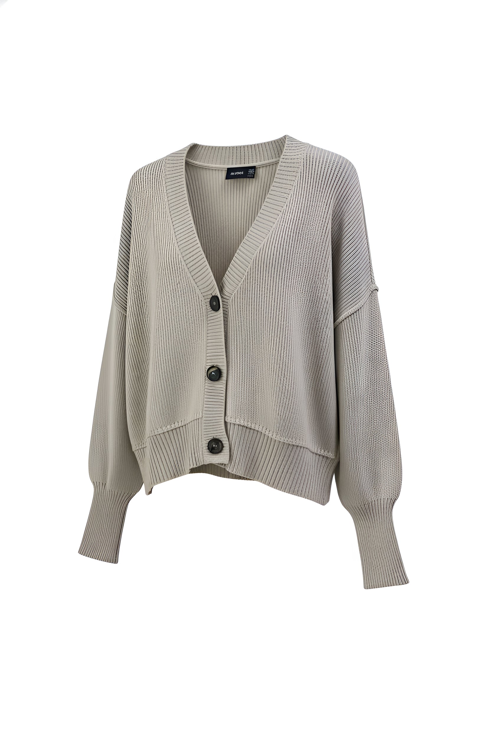 Beige cardigan with button details on a white background