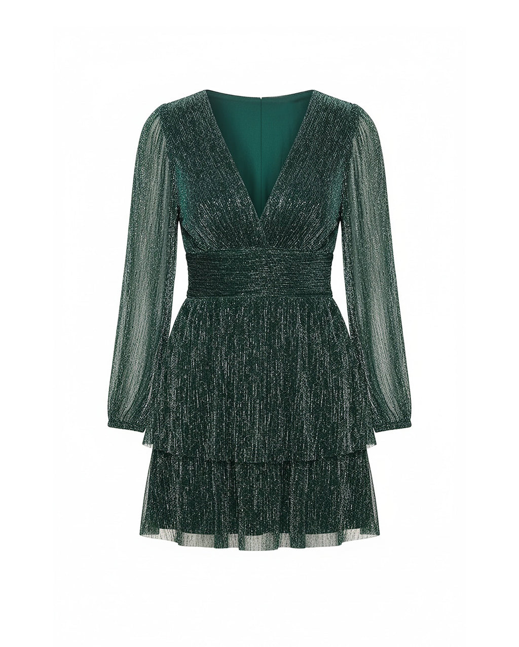 Green dress with sheer long sleeves on a white background