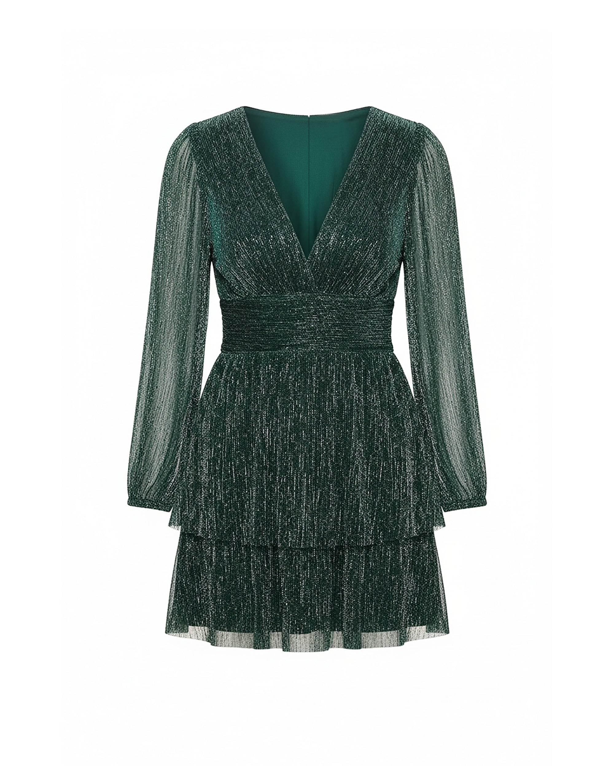 Green dress with sheer long sleeves on a white background