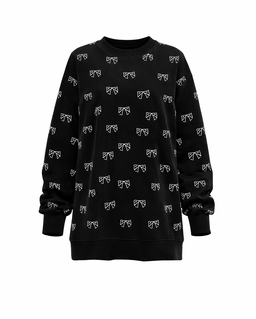 Black sweatshirt with white bow pattern on a white background