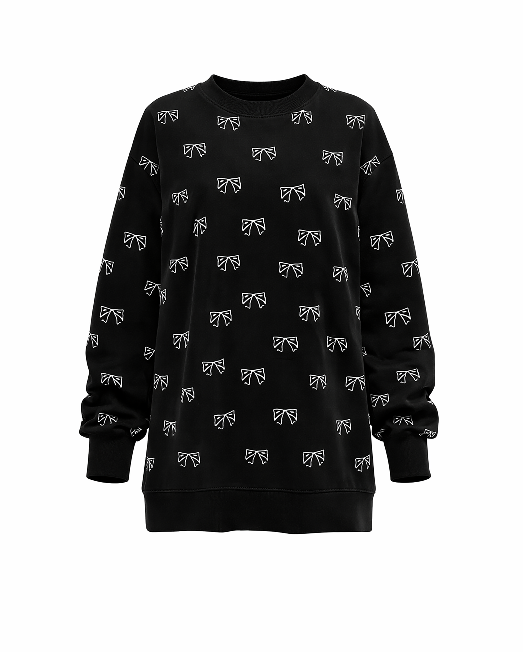 Black sweatshirt with white bow pattern on a white background