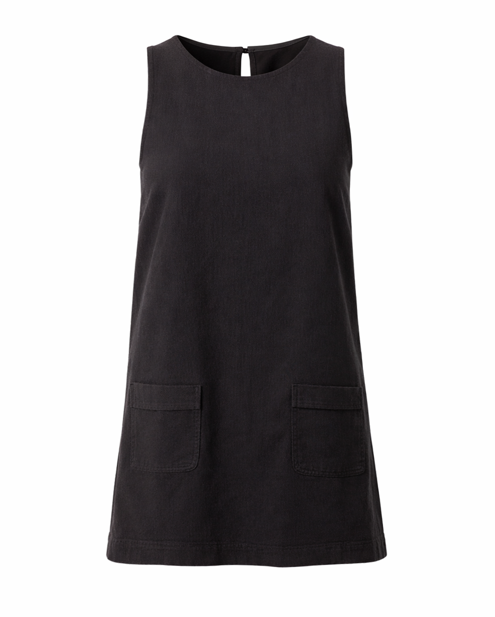 Black sleeveless dress with two front pockets on a white background