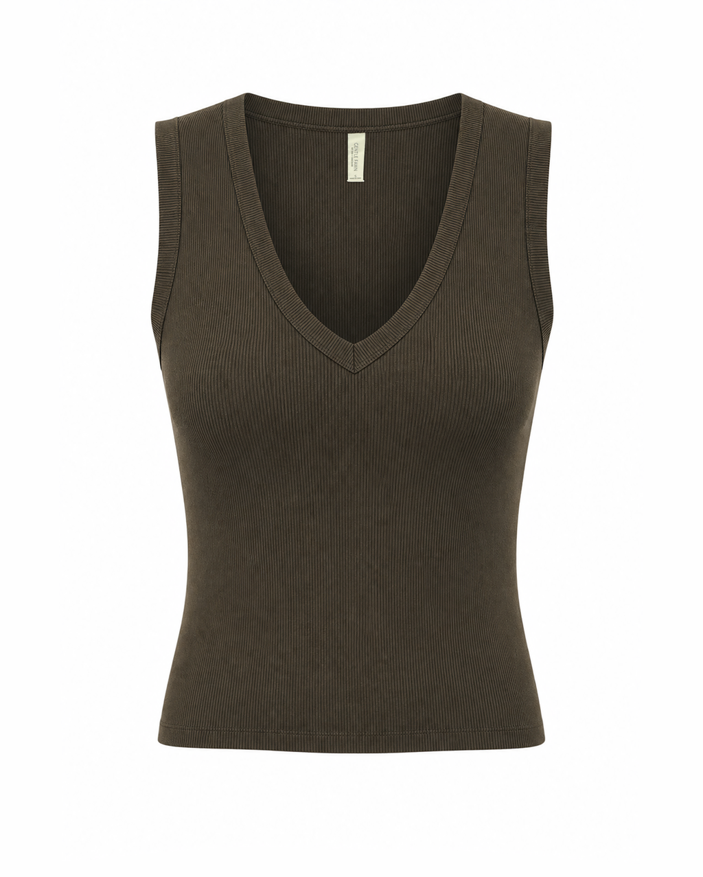 A sleeveless ribbed knit tank top in a dark olive brown color, featuring a deep V-neckline, shown against a plain white background.