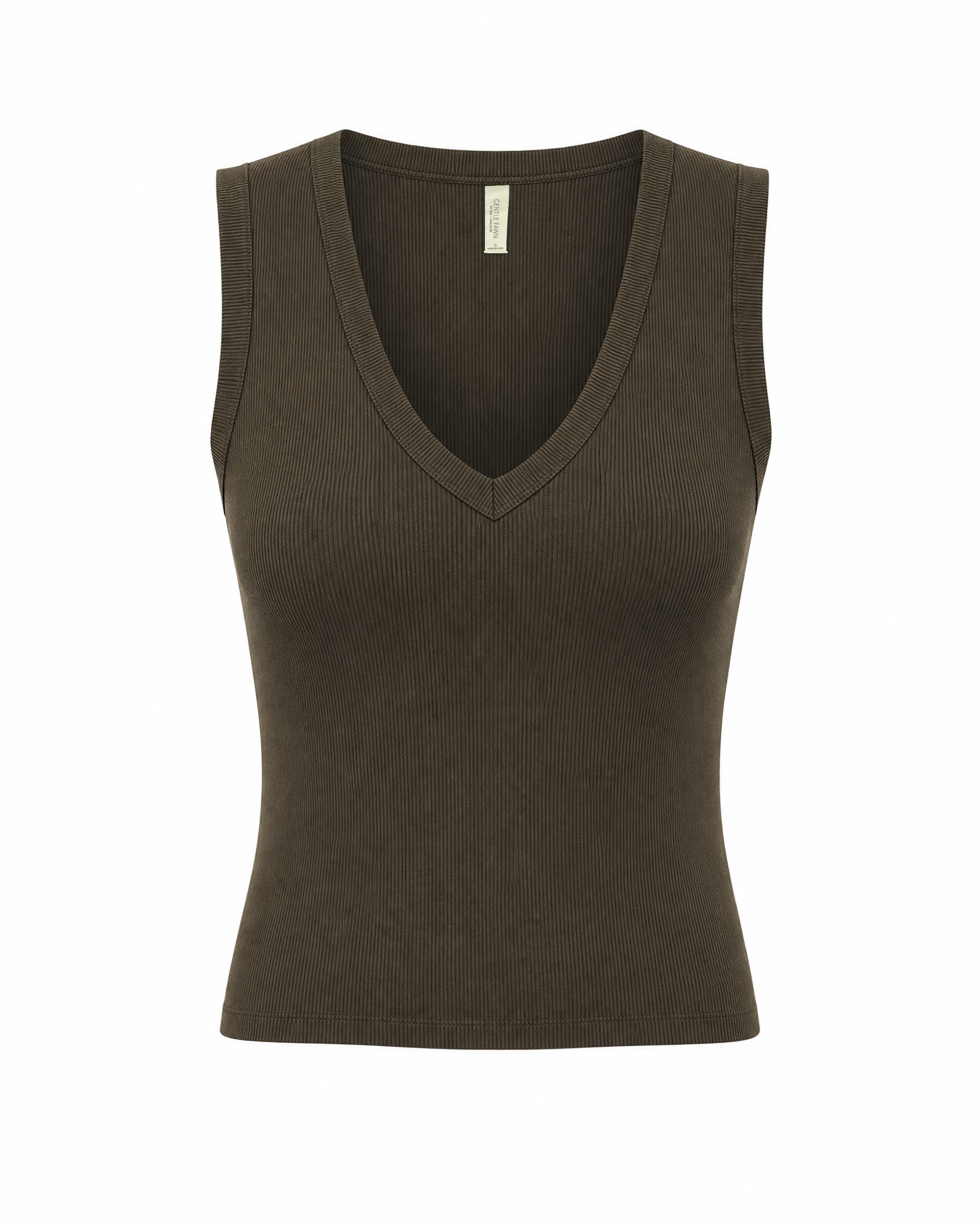 A sleeveless ribbed knit tank top in a dark olive brown color, featuring a deep V-neckline, shown against a plain white background.