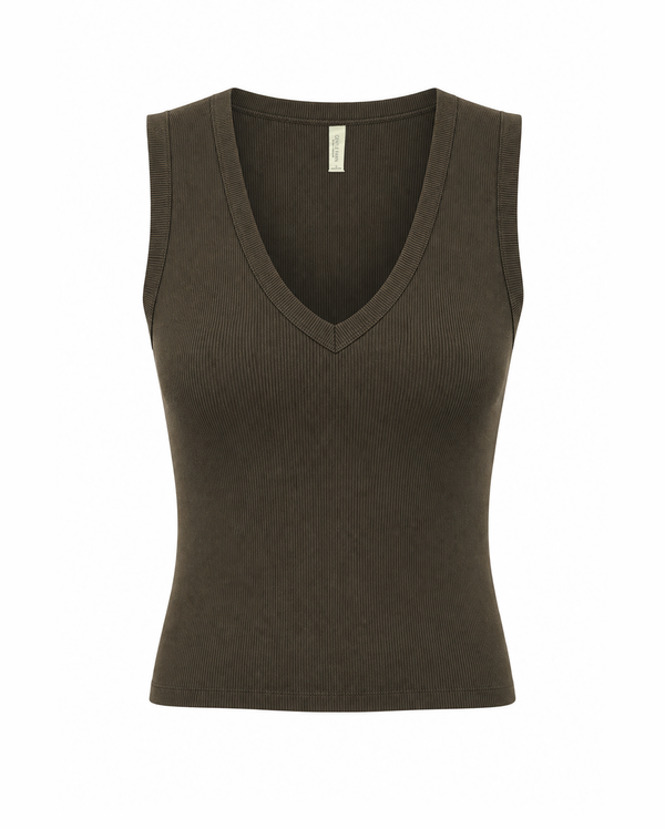 A sleeveless ribbed knit tank top in a dark olive brown color, featuring a deep V-neckline, shown against a plain white background.