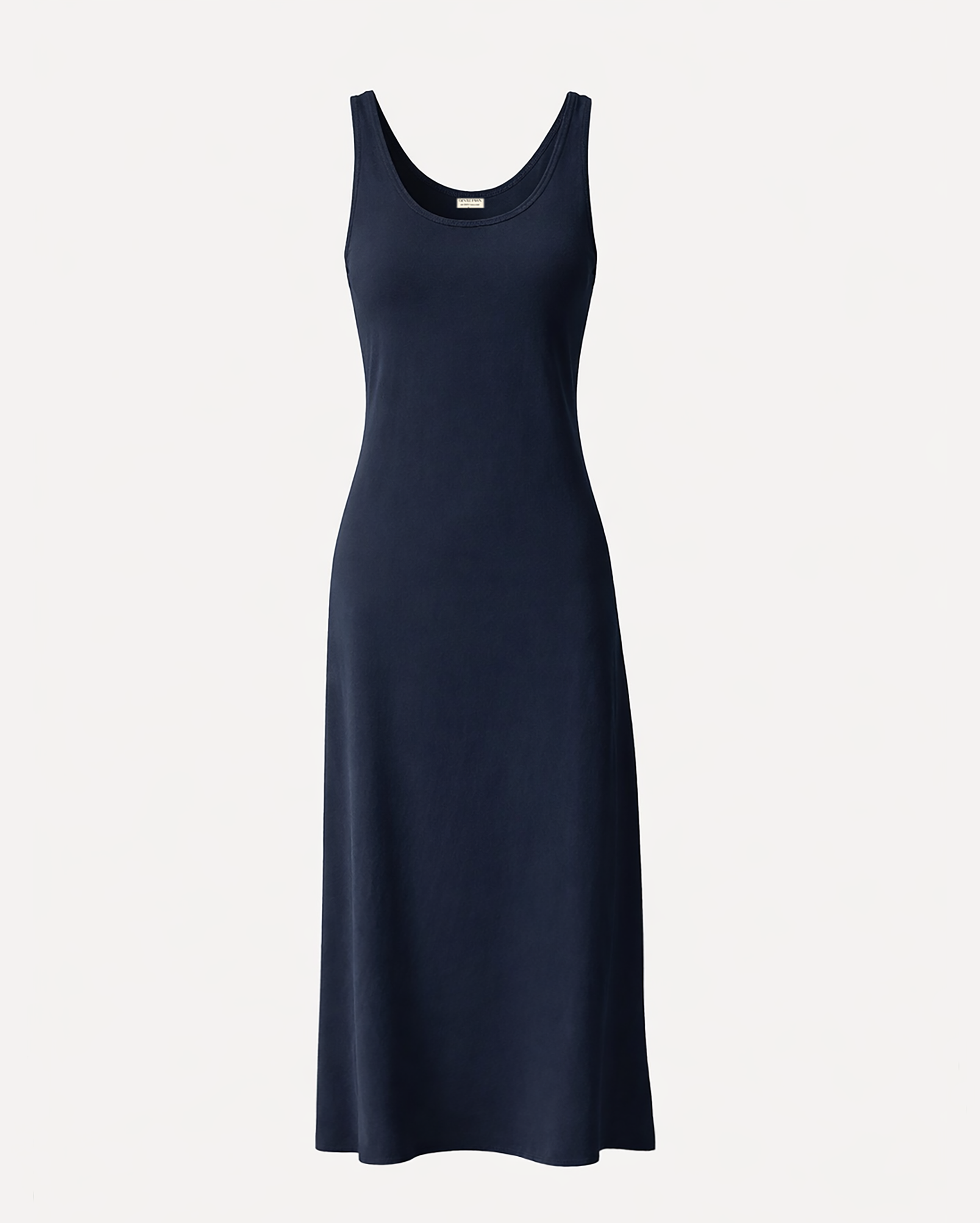 Navy blue sleeveless dress on a white background