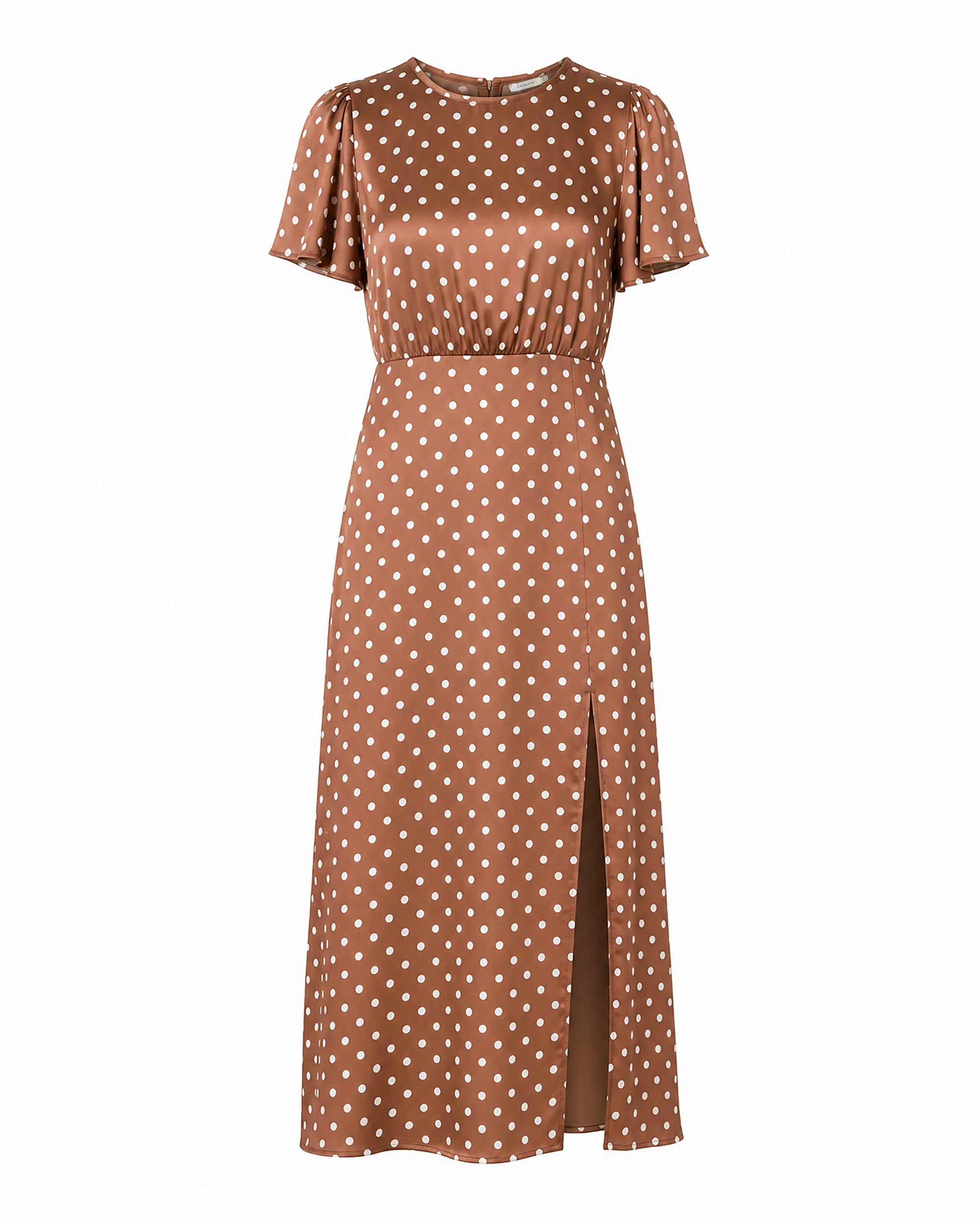 Brown dress with white polka dots on a white background