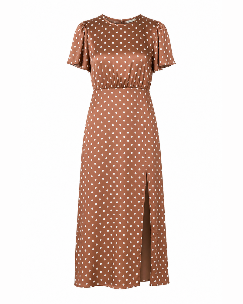 Brown dress with white polka dots on a white background