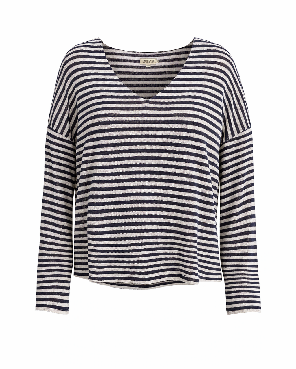 navy and white striped long-sleeve shirt on a white background