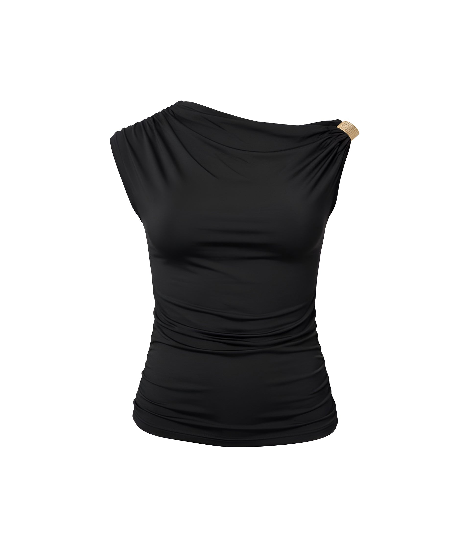 Black sleeveless top with draped design on a white background