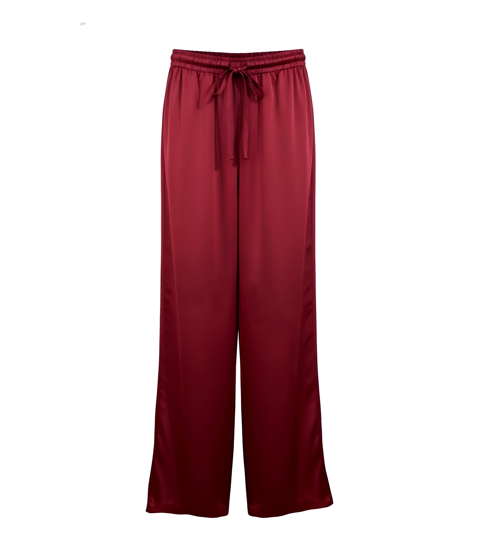 Maroon satin pants with a tie waist on a white background