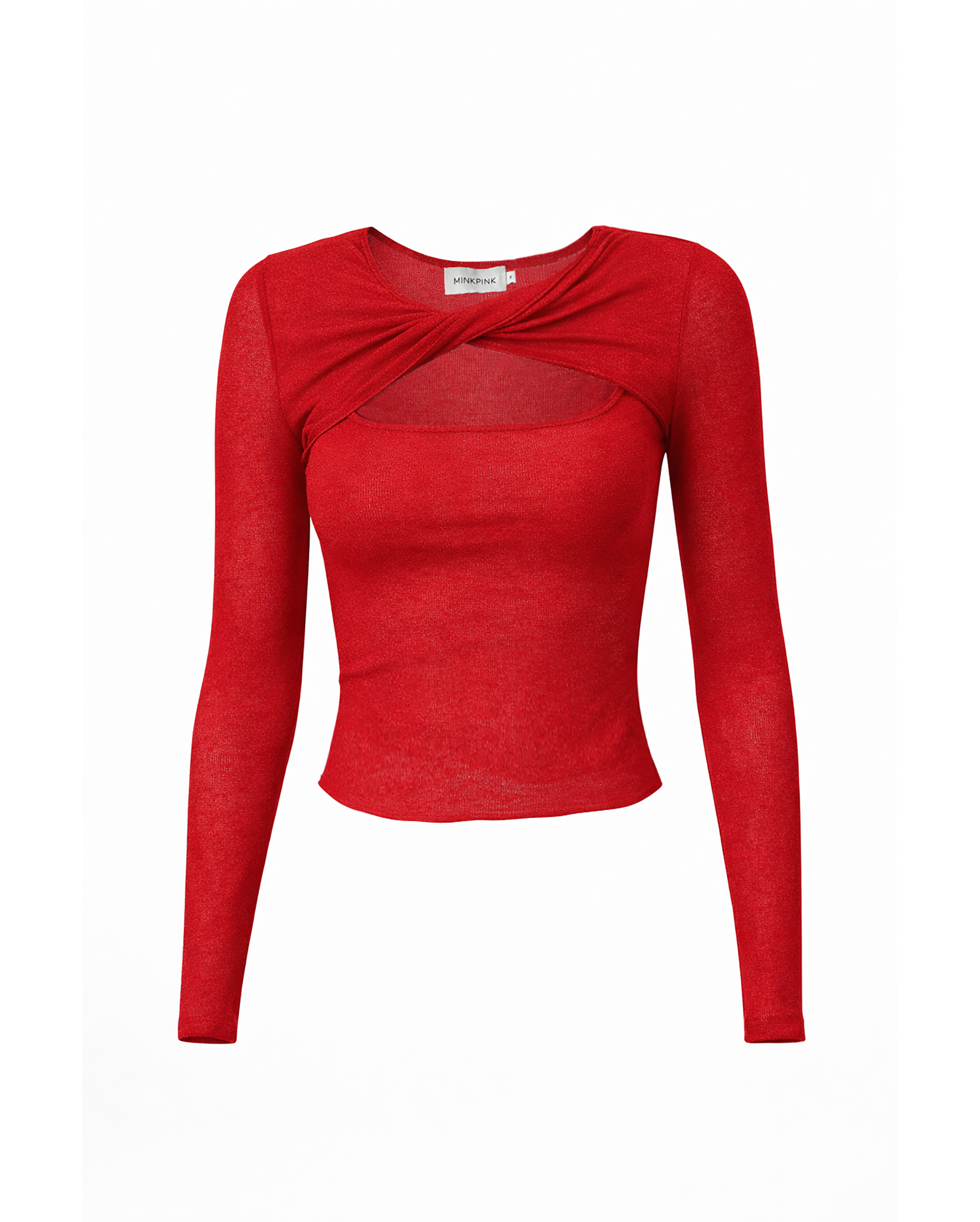 Red long-sleeve top with a twisted design on a white background