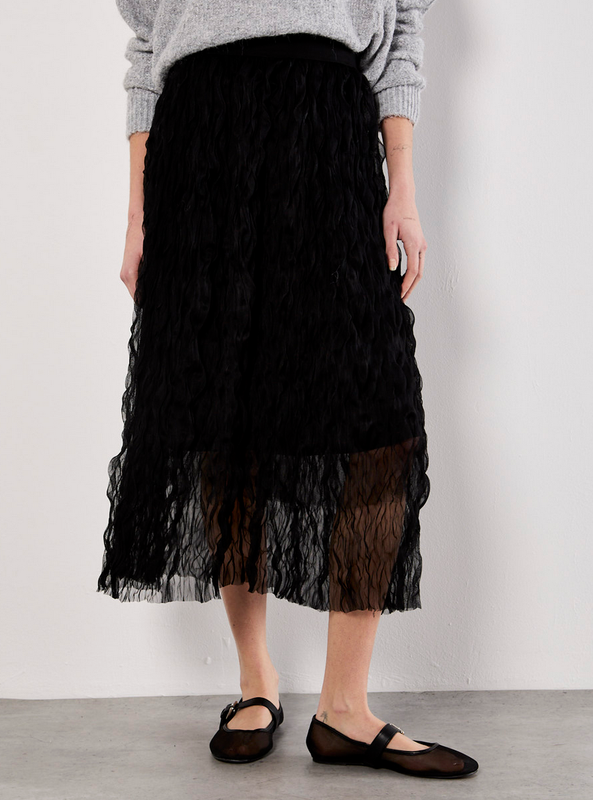 Apricot Wavy Tulle Midi Skirt