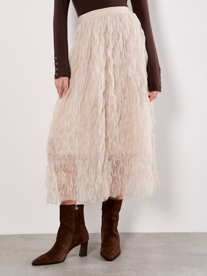 Apricot Wavy Tulle Midi Skirt